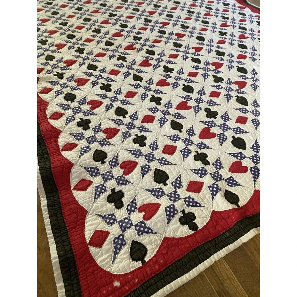 Vintage 1930s Quilt Western Texas Poker Polka Dots Folk Art Playing Cards 75x60